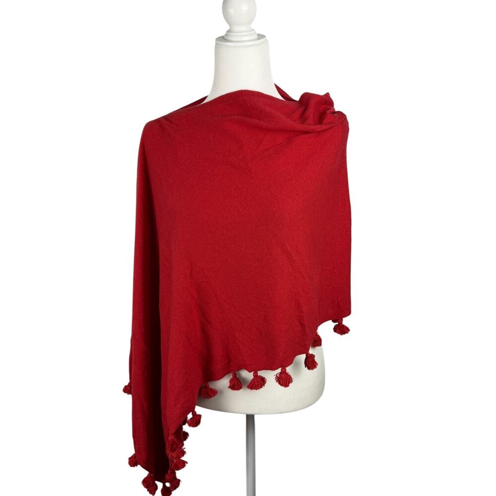 CAROLINE GRACE Knit Poncho Wrap Red Tassels Cotton Cashmere Travel Resort